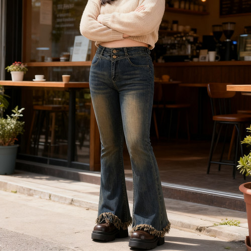 大码美式复古毛边弹力微喇牛仔裤