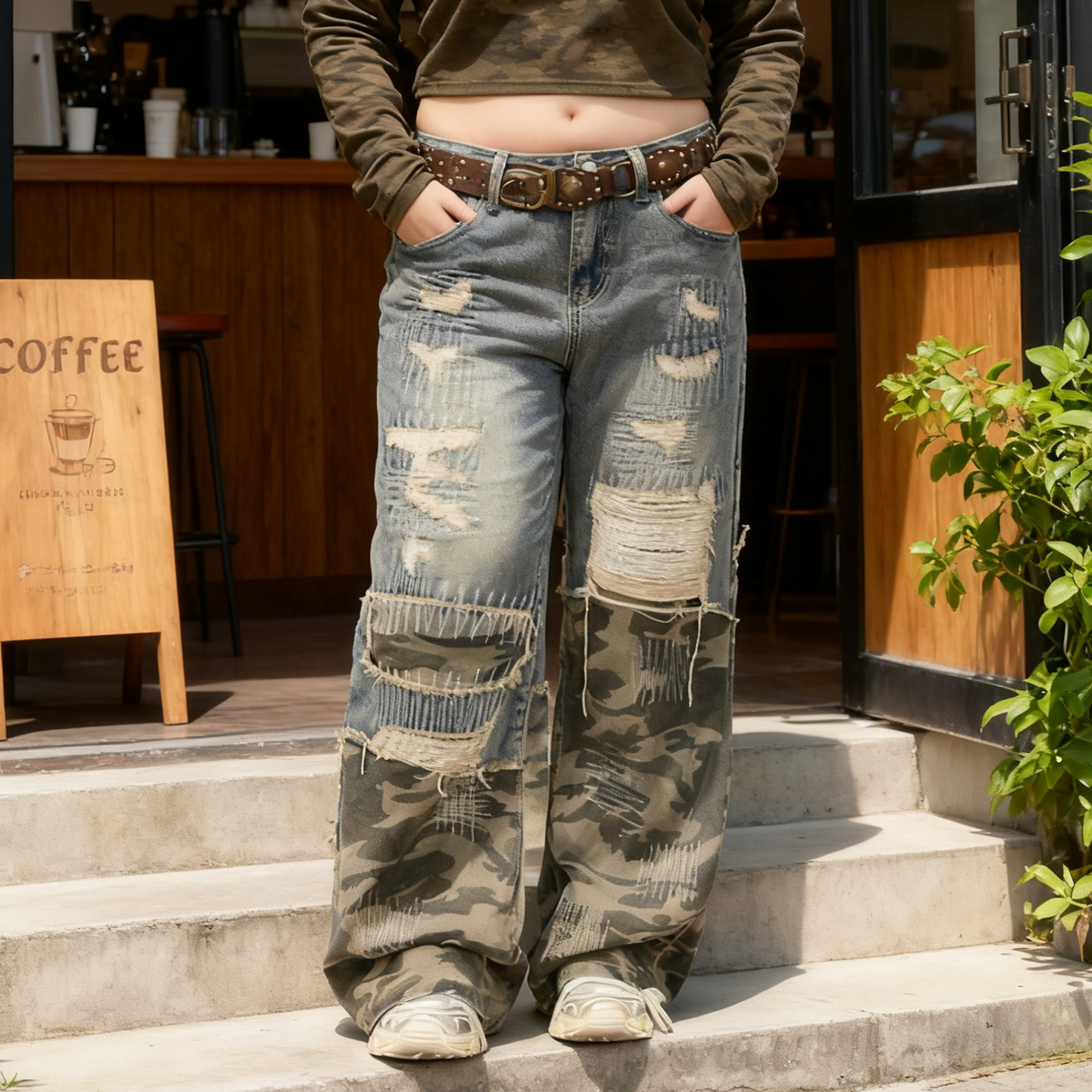 大码美式迷彩拼接破洞宽松阔腿裤