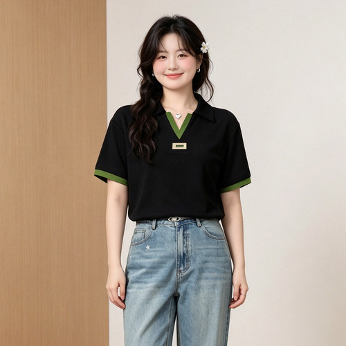 大码胖mm黑色假两件V领短袖T恤女