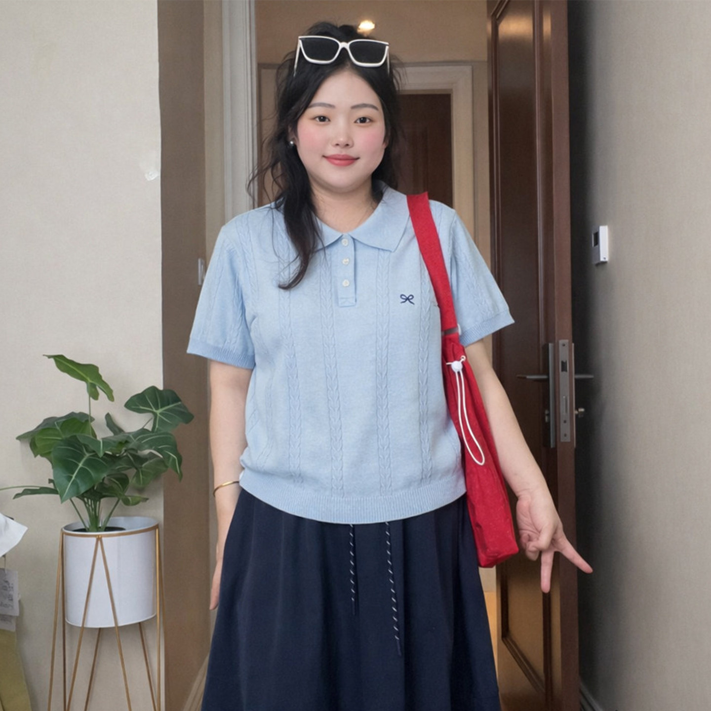 300斤大码胖mm翻领麻花针织短袖T恤女夏季学院风宽松遮肉显瘦上衣
