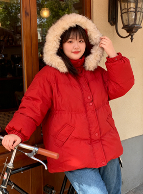 大码胖mm本命年红色连帽羽绒棉服女加厚保暖宽松面包服棉衣外套冬
