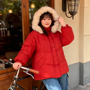 大码 胖mm本命年红色连帽羽绒棉服女加厚保暖宽松面包服棉衣外套冬