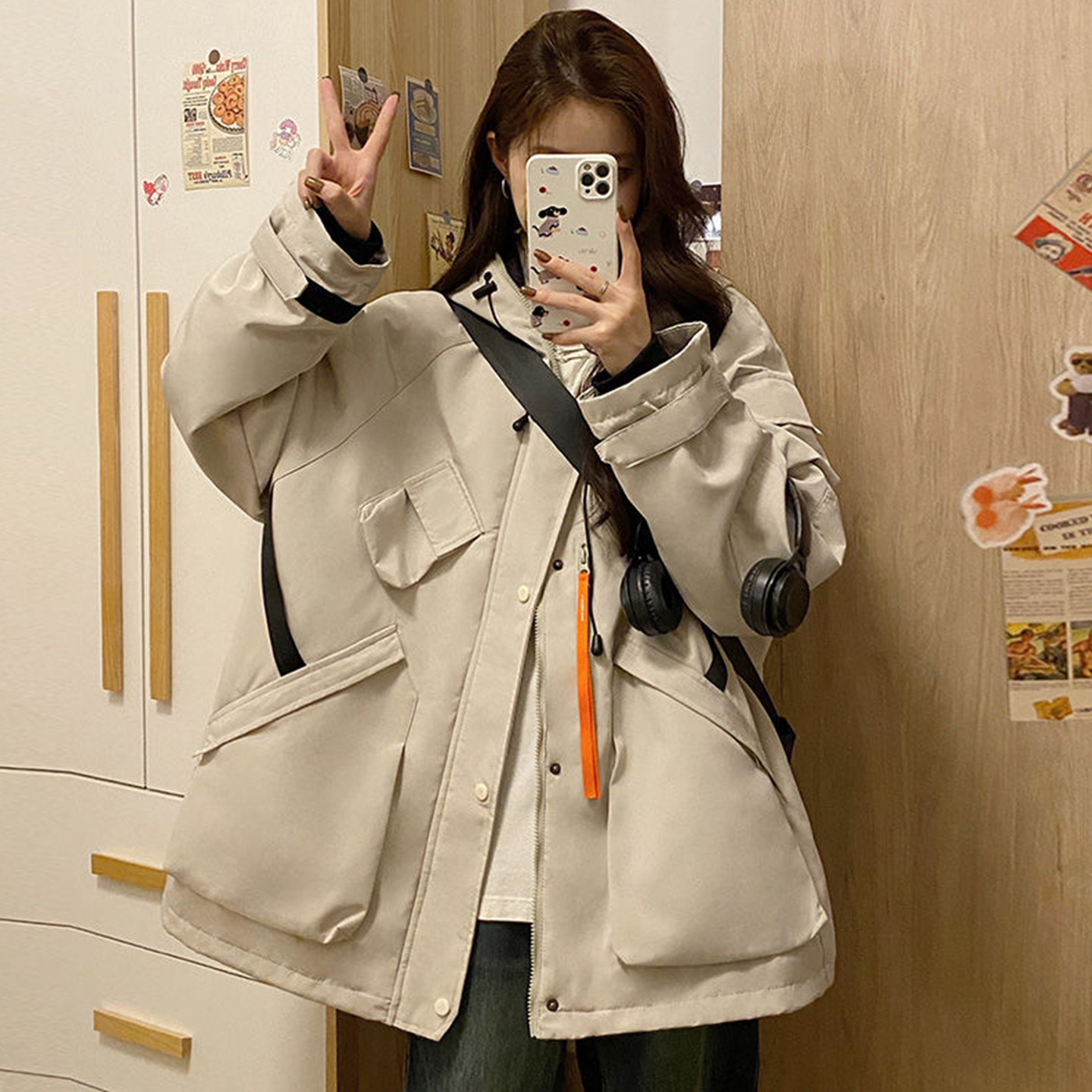 大码胖mm冬季工装风连帽棉服女