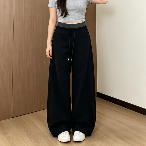 大码胖mm黑色高腰阔腿休闲裤女