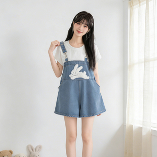 女小个子高腰学生连体裤 胖mm卡通兔子刺绣牛仔背带裤 大码 2026夏季