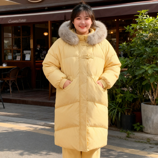 毛领羽绒棉服女长款 胖mm新中式 过膝连帽小众洋气加厚外套 女装 大码