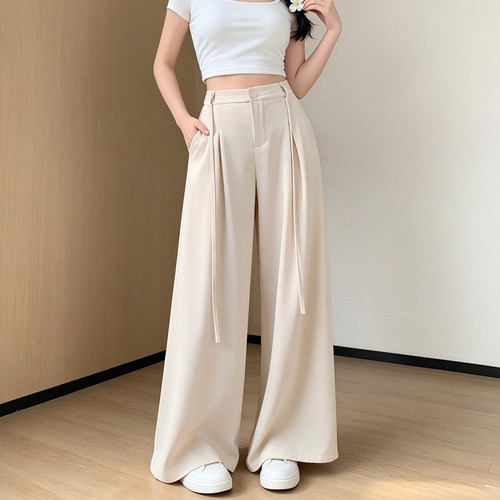大码胖mm高腰阔腿系带西装裤女