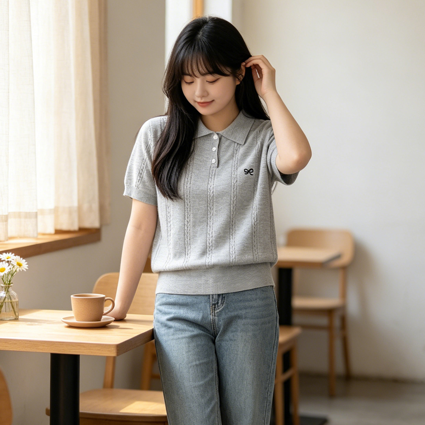 300斤大码胖mm翻领麻花刺绣针织短袖T恤女学院风宽松显瘦气质上衣