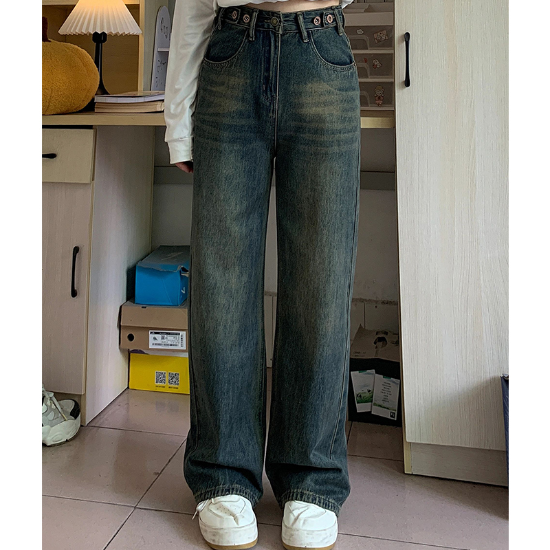 胖mm秋冬宽松高街直筒牛仔裤女