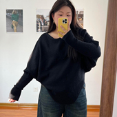 300斤胖mm大码 不规则上衣潮 女宽松蝙蝠袖 秋冬黑色圆领长袖 针织衫