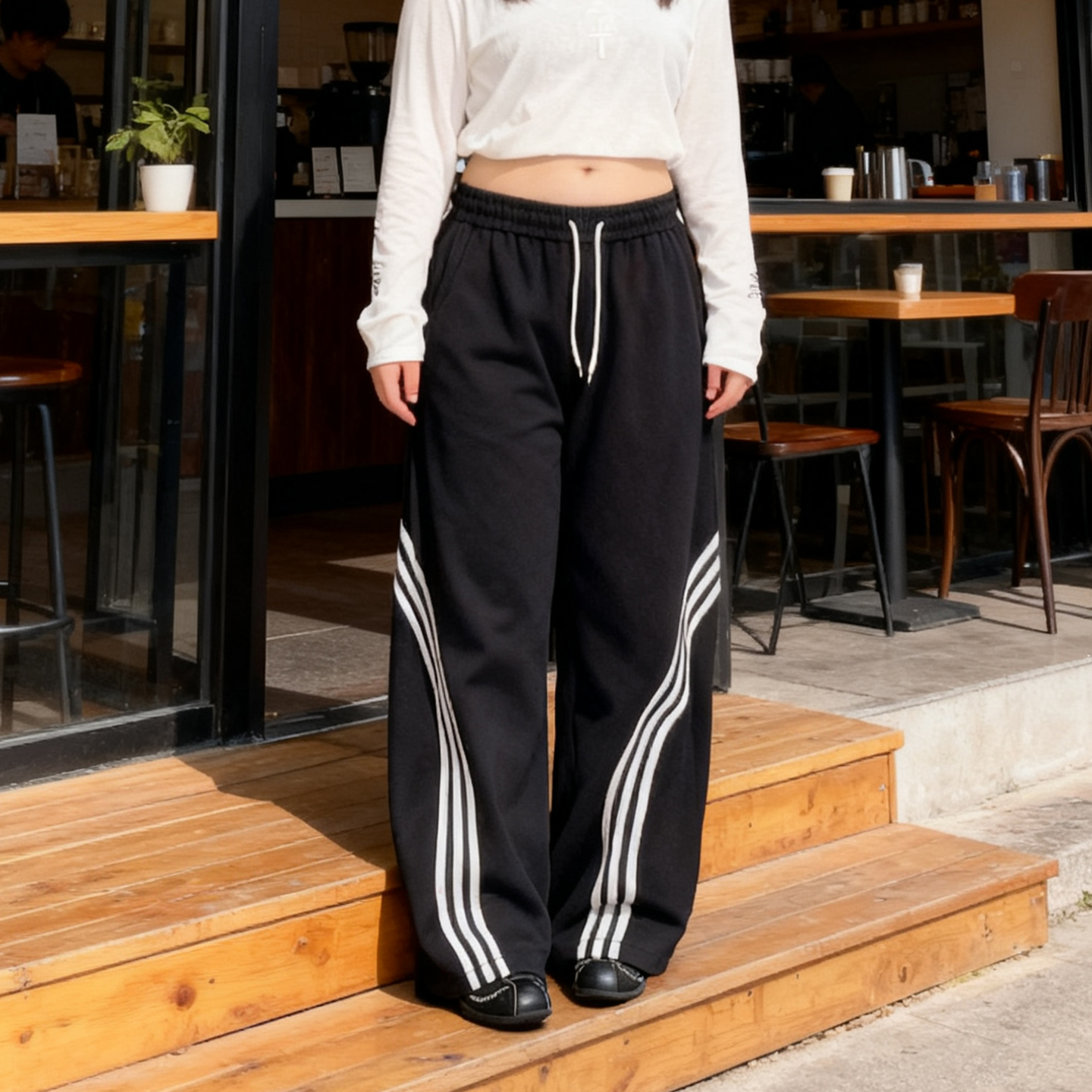 大码胖mm美式复古条纹阔腿休闲裤