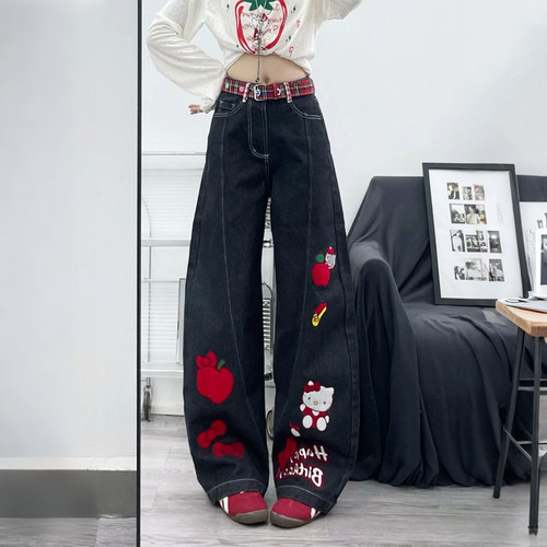 300斤大码胖mm黑色Kitty猫牛仔裤