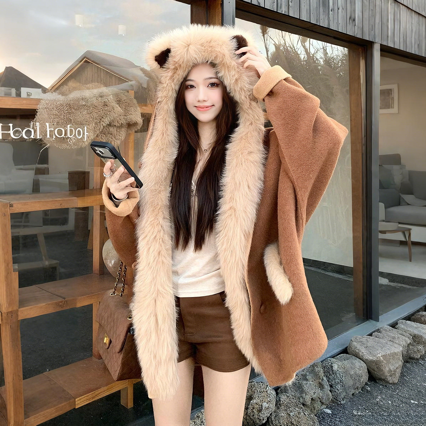 大码胖mm冬季甜美毛毛领连帽外套