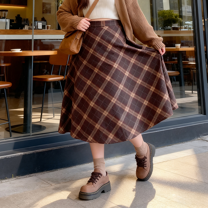 大码复古格子中长款毛呢半身裙女
