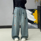 300斤胖mm大码 女宽松显瘦直筒阔腿拖地裤 美式 复古水洗刺绣牛仔裤