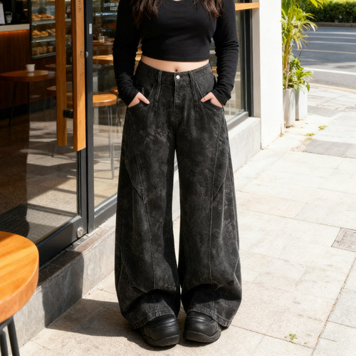 大码女装黑色印花阔腿宽松牛仔裤