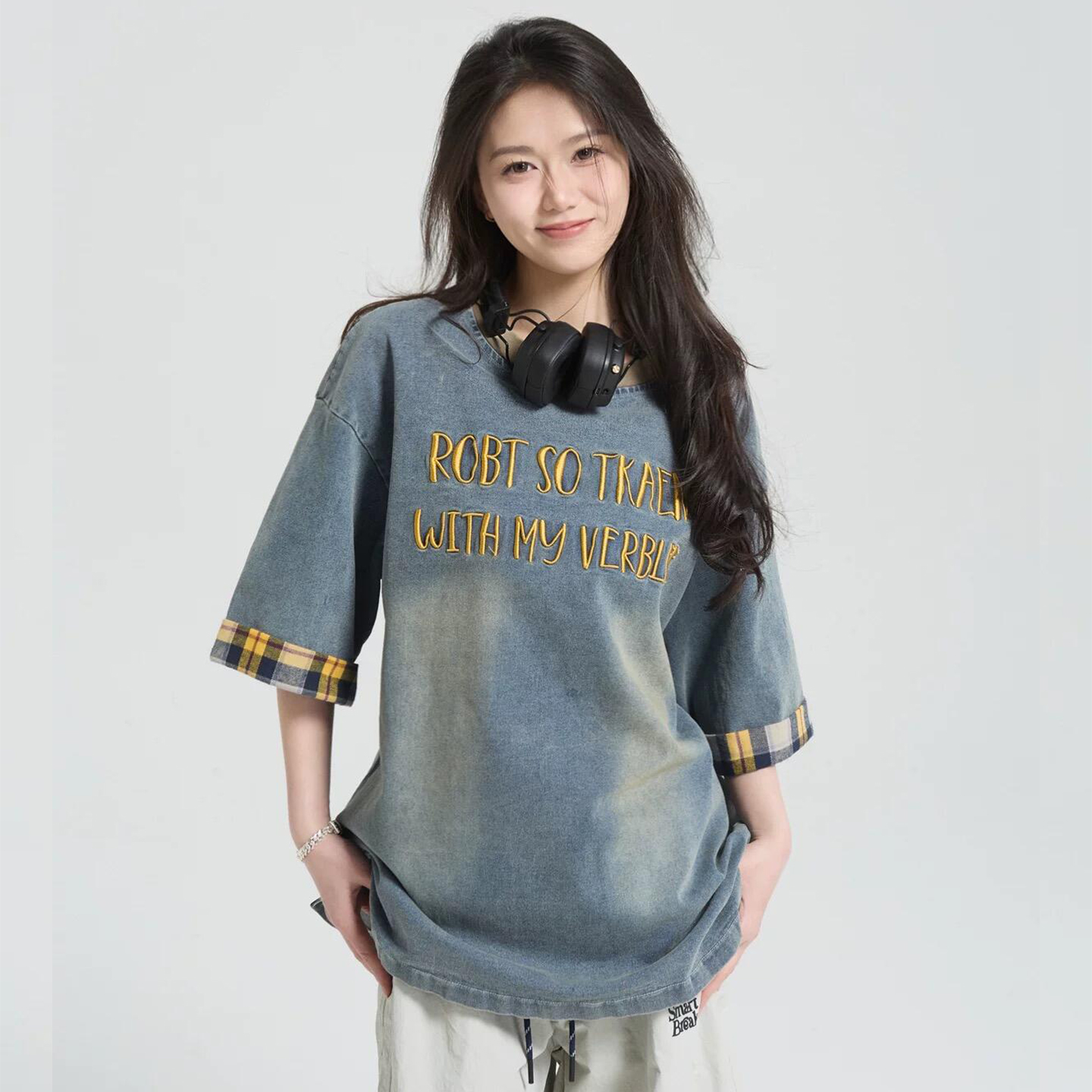 300斤胖mm大码女装美式牛仔T恤女