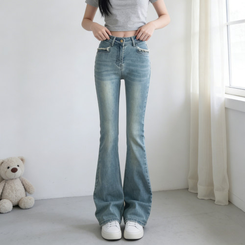 夏季大码高腰显瘦微喇弹力牛仔裤