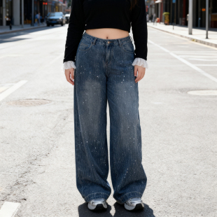 子 女高腰显瘦宽松显瘦设计感阔腿裤 大码 胖mm满天星重工烫钻牛仔裤