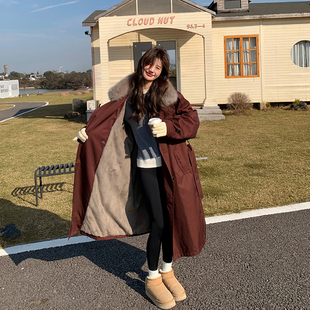 大码 加绒加厚宽松保暖棉服风衣外套 胖mm学院风毛领派克服女中长款