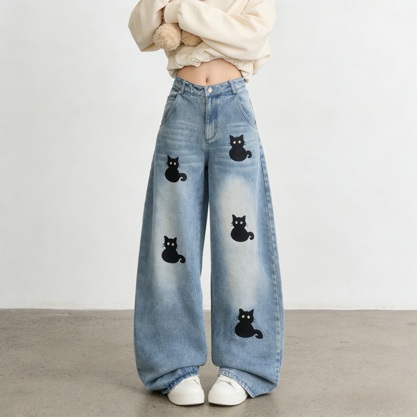 大码女装胖mm可爱卡通小猫刺绣牛仔裤女高腰显瘦宽松直筒阔腿裤子,女装/女士精品,大码裤装,淘宝优惠券,粉丝福利购,淘宝优惠卷