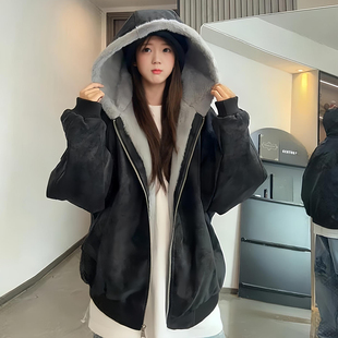 大码 加绒加厚保暖宽松棉衣外套 胖mm复古座山雕连帽毛领棉服女冬季