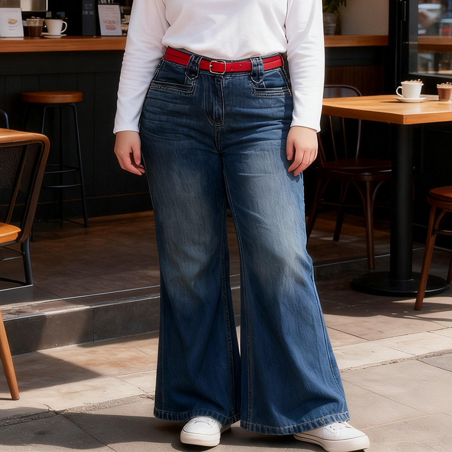 大码胖mm复古高腰微喇阔腿牛仔裤