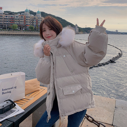 胖mm冬季毛领连帽加厚保暖棉服女