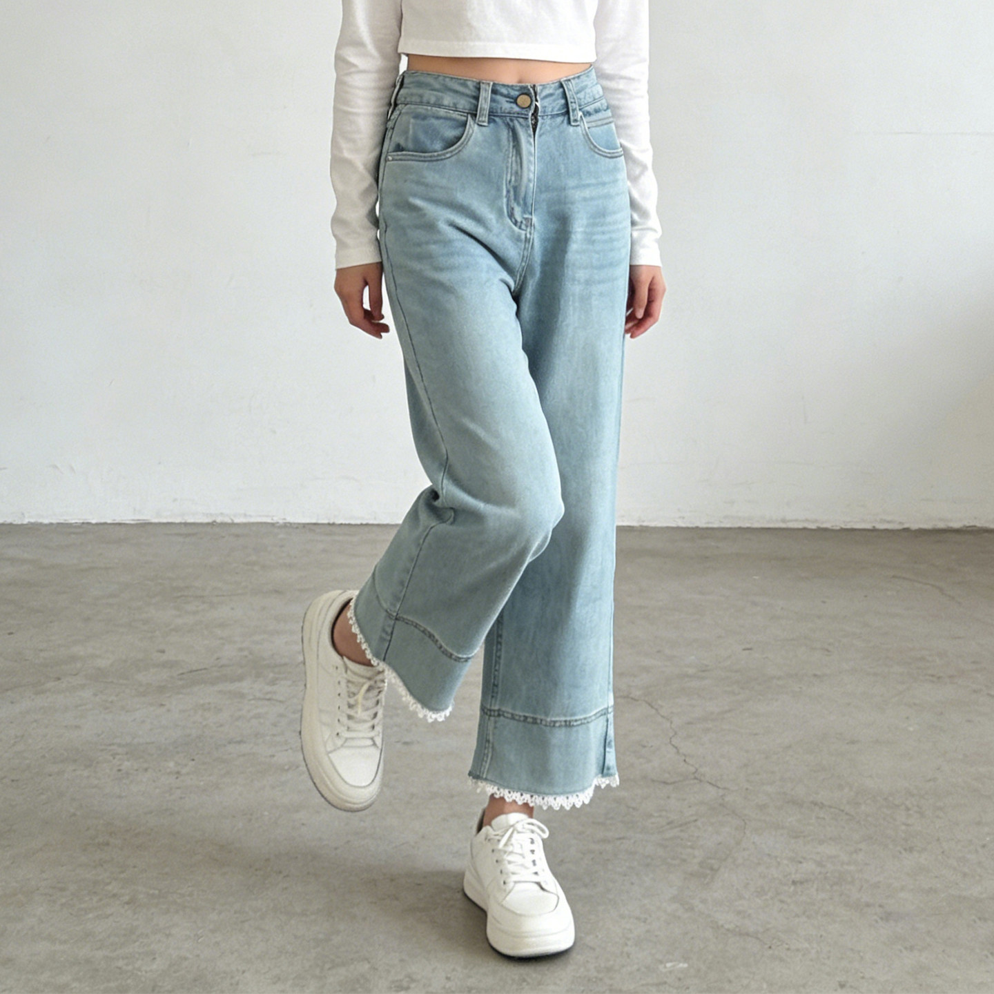 2026春夏新款复古蕾丝拼接弹力牛仔裤女高腰显瘦小个子九分阔腿裤,女装/女士精品,大码裤装,淘宝优惠券,粉丝福利购,淘宝优惠卷