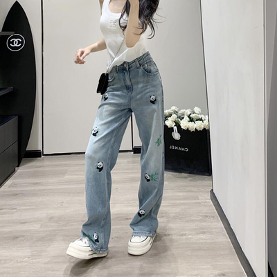 大码女装胖mm高腰直筒阔腿牛仔裤