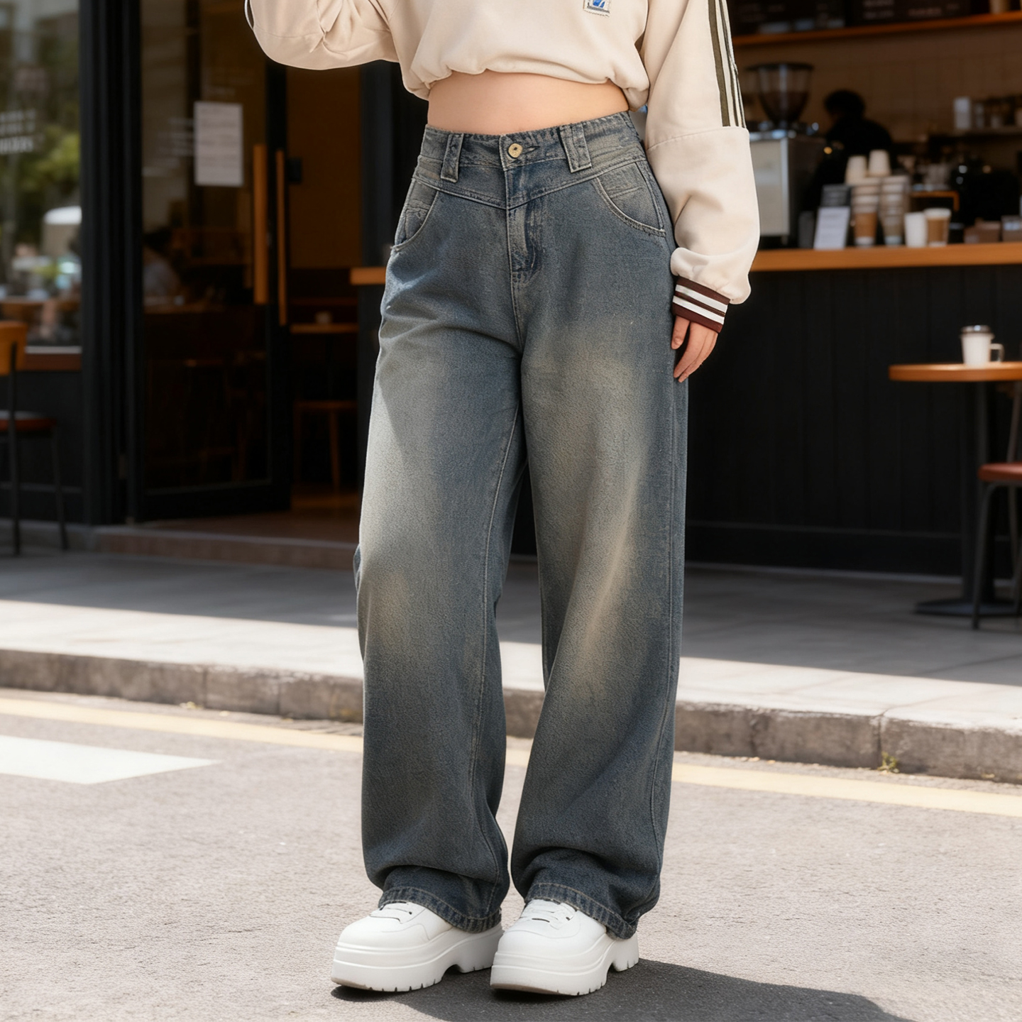 大码复古星空纹高腰阔腿牛仔裤