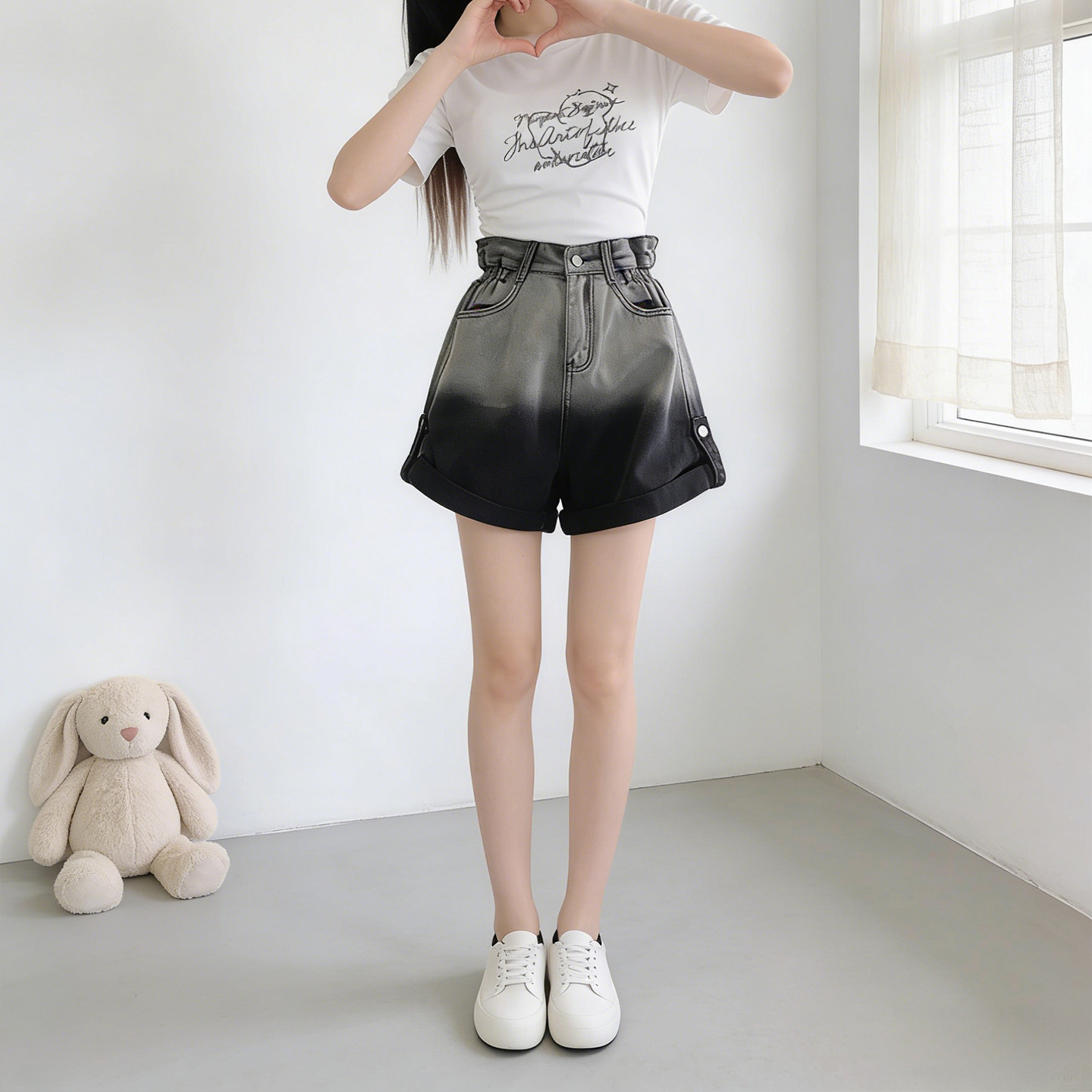 2026夏季大码胖mm美式渐变黑色高腰牛仔短裤女小个子宽松显瘦热裤