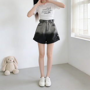 渐变黑色高腰牛仔短裤 2026夏季 大码 胖mm美式 女小个子宽松显瘦热裤