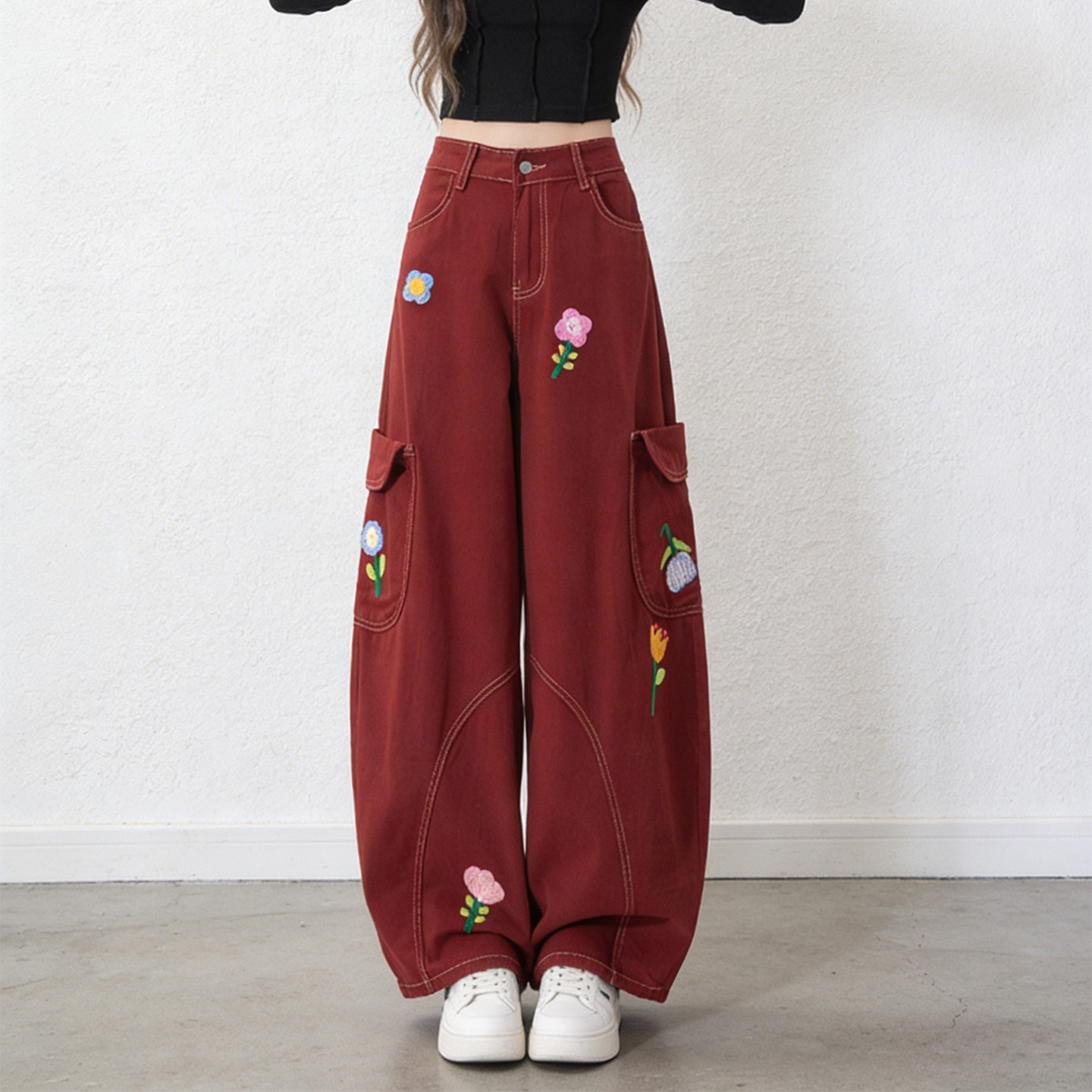 大码胖mm酒红色花朵刺绣阔腿牛仔裤女高腰宽松休闲设计感工装裤子,女装/女士精品,大码裤装,淘宝优惠券,粉丝福利购,淘宝优惠卷