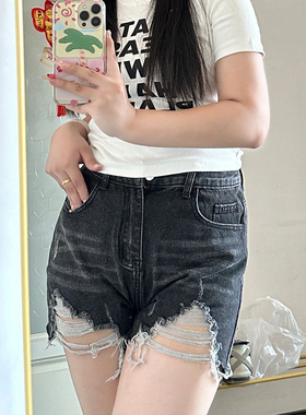 大码300斤胖mm破洞黑灰色牛仔短裤女宽松显瘦高腰阔腿裤百搭热裤