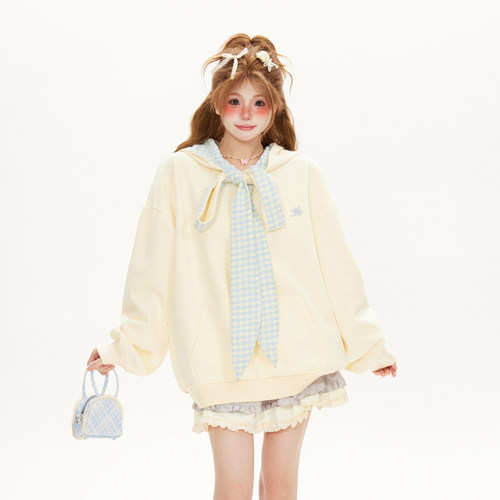 大码学院风奶甜格子围巾领卫衣女