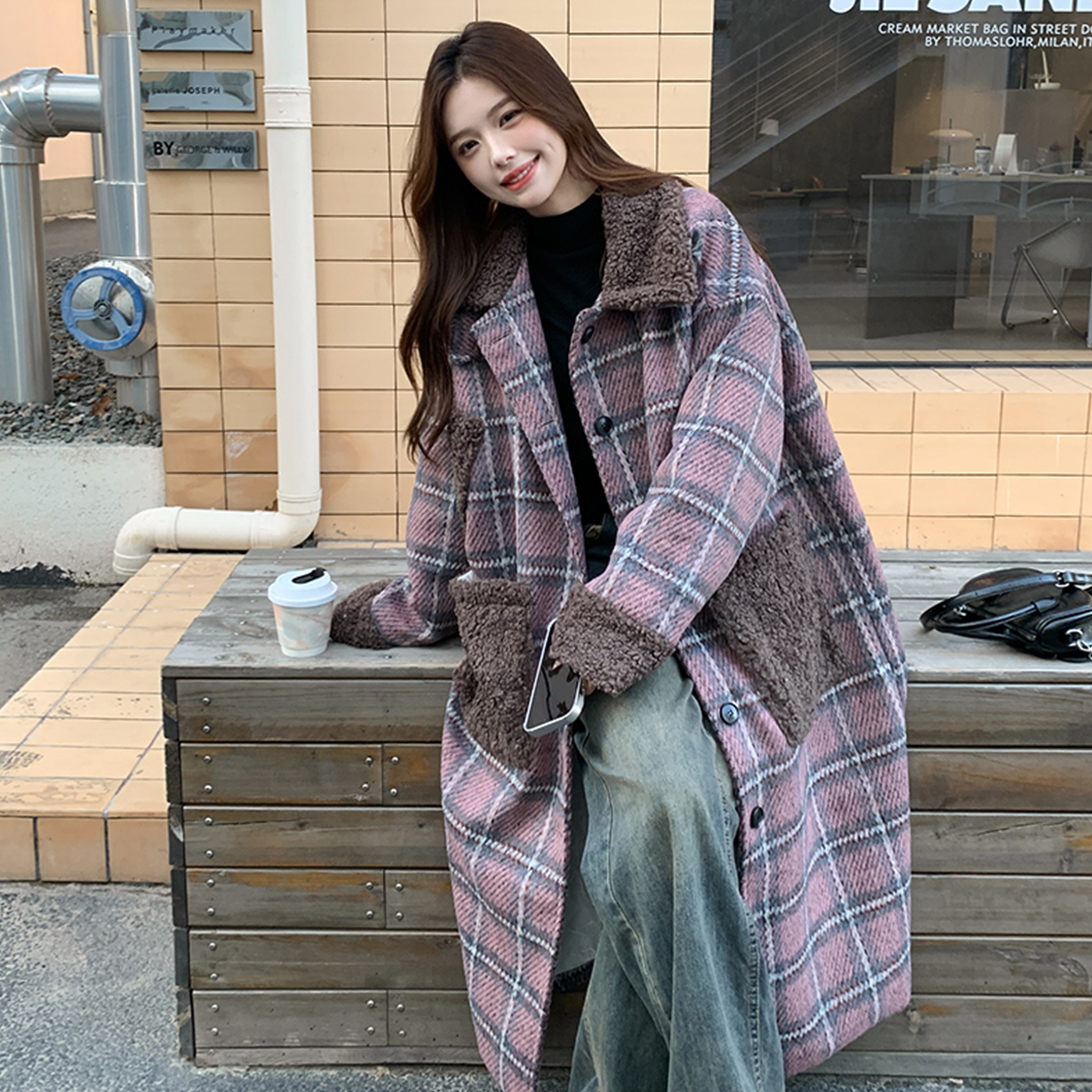 大码女装韩系复古格纹毛呢外套