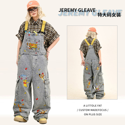 300斤大码卡通刺绣牛仔背带裤女