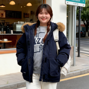 胖mm工装 冬季 女装 大码 风大毛领保暖棉服女加厚派克服棉衣外套 新款