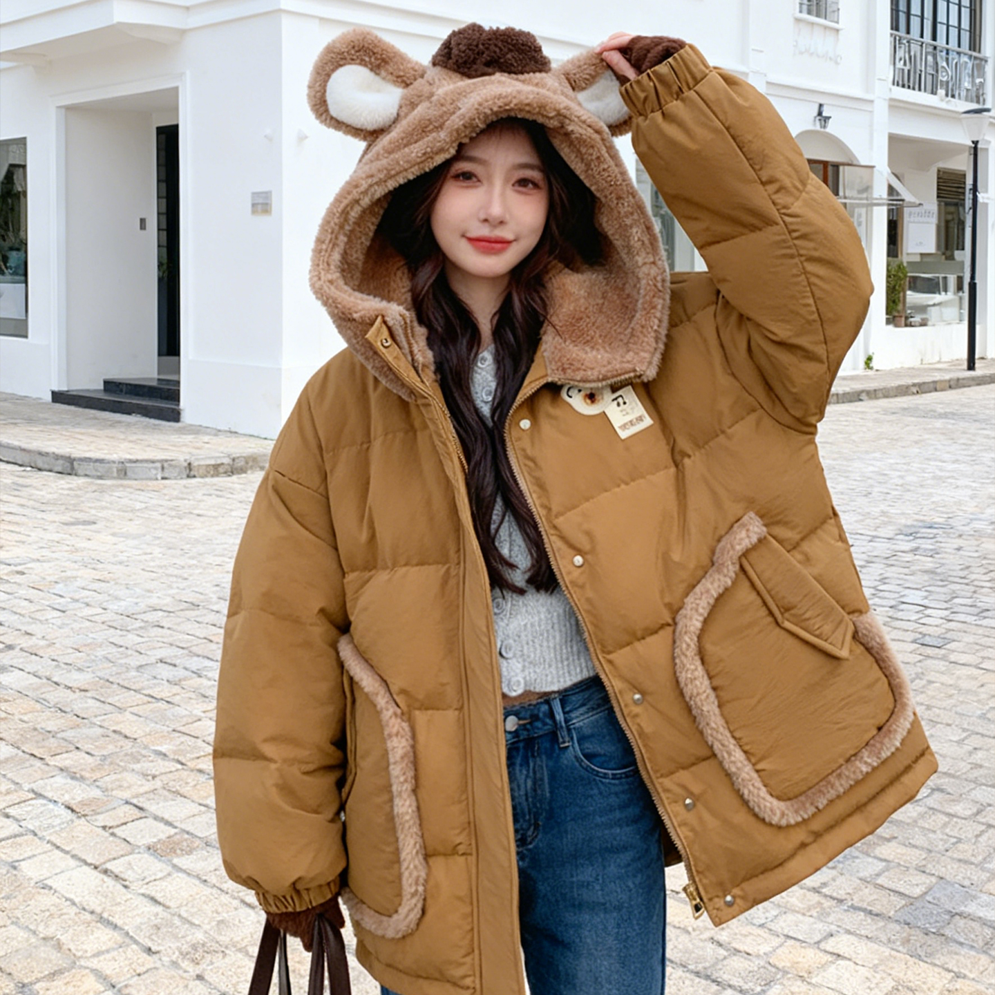 大码胖mm学院风卡通连帽加厚棉服