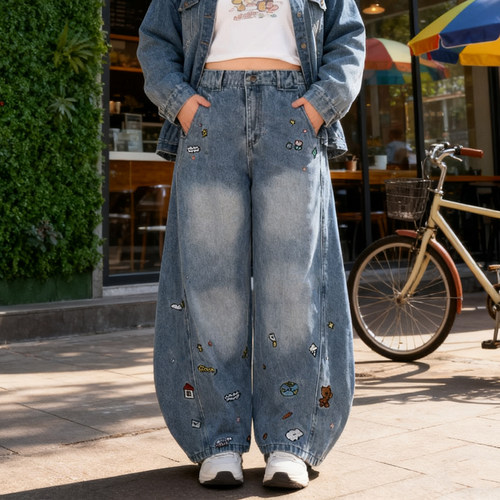 大码胖mm复古童趣卡通刺绣牛仔裤