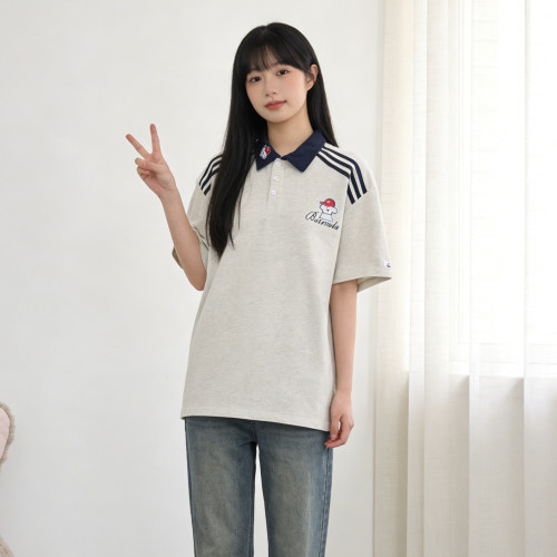 胖mm学院风卡通刺绣翻领短袖T恤