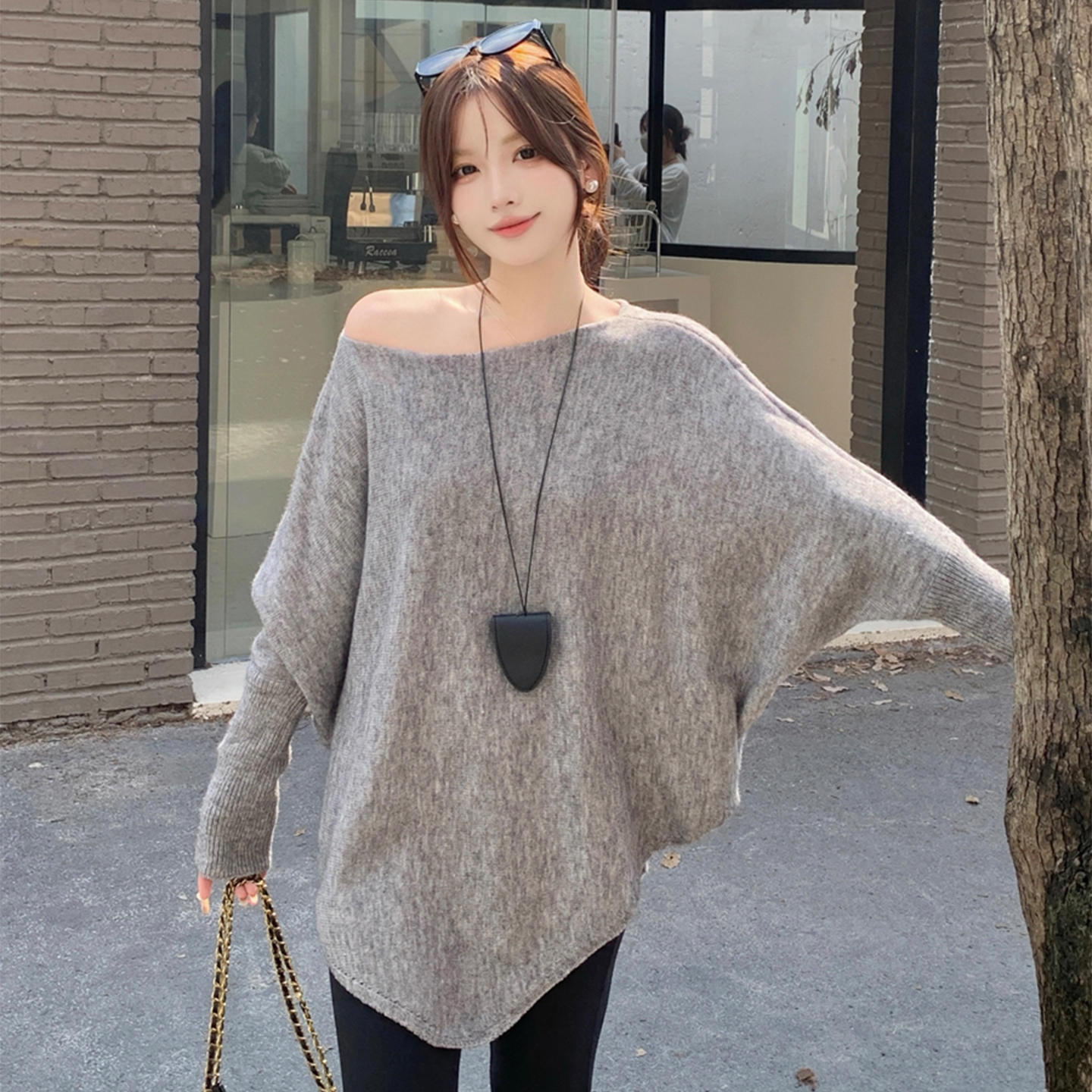 大码女装胖mm设计感一字肩针织衫