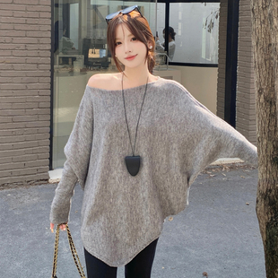 2025秋冬大码 胖mm设计感一字肩针织上衣宽松显瘦遮肉百搭毛衣 女装