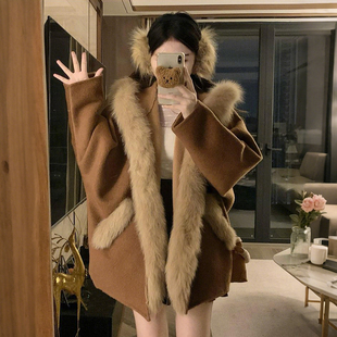 大码 宽松棉服冬 胖mm韩系毛领连帽双面呢子大衣摇粒绒加厚外套冬季