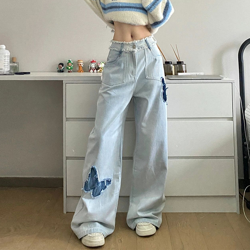 大码女装胖mm高腰直筒阔腿牛仔裤