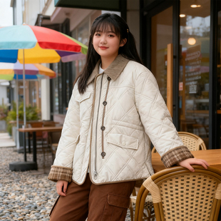 2025秋冬大码 胖mm菱格翻领棉服女加厚棉衣宽松百搭学院风外套 女装