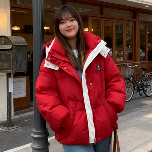 加厚宽松连帽面包服保暖新年外套 胖mm撞色拼接棉服女冬季 大码 女装