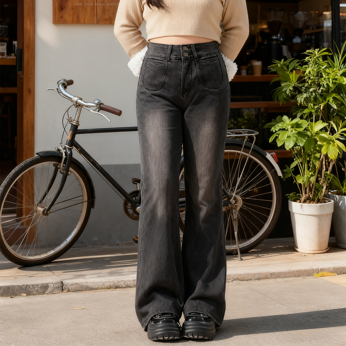 大码复古黑灰色高腰微喇牛仔裤