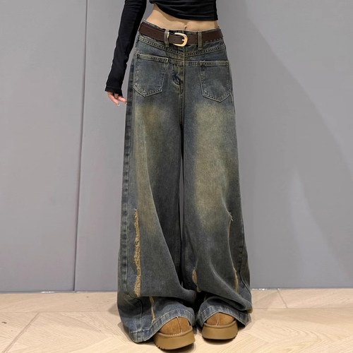 300斤大码美式复古水洗牛仔裤女